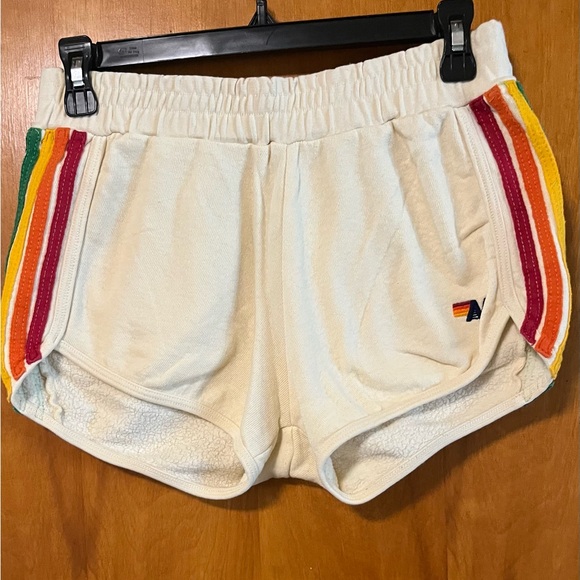 Aviator Nation 5 stripe Cream Shorts with Rainbow Stripes - Picture 2 of 7